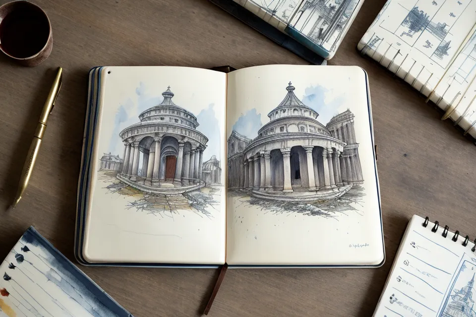 Skizzenbuch mit Heidelberg-Zeichnungen und kleiner Aquarellkasten für unterwegs — lockeres Skizzieren im Zug