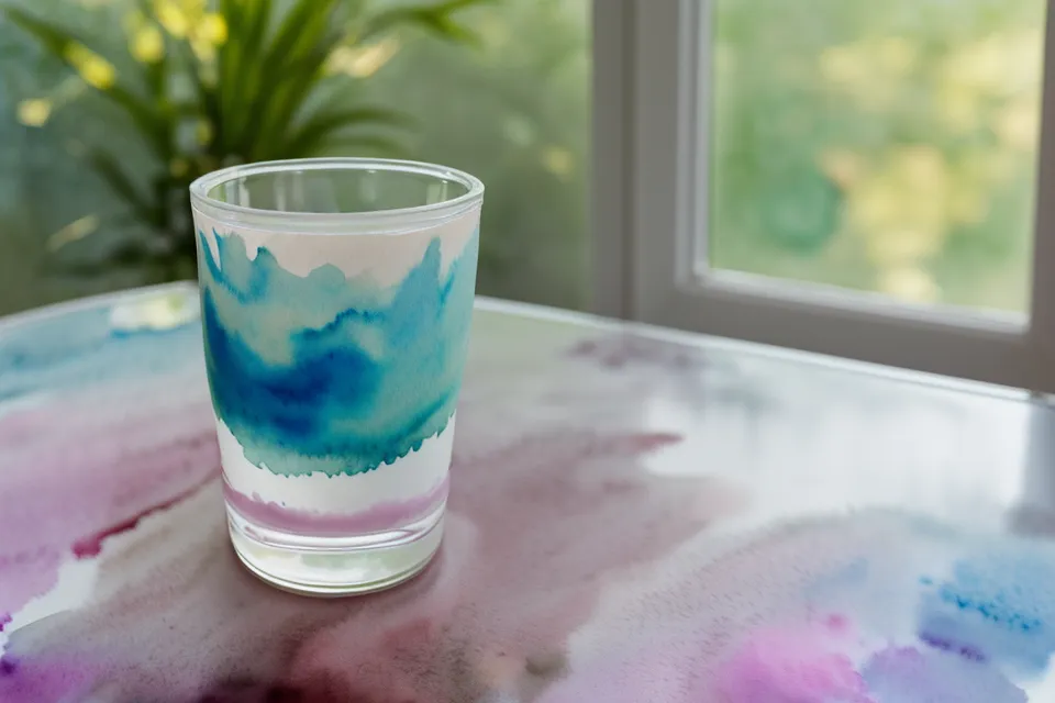 Trübes Wasserglas neben Aquarellpapier – Entspannung am Sonntag beim Aquarell-Malen