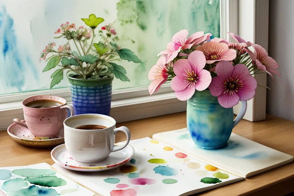 Leeres Aquarellpapier und Bleistift auf dem Küchentisch, bereit für die Vorlagensuche als Aquarell-Anfängerin