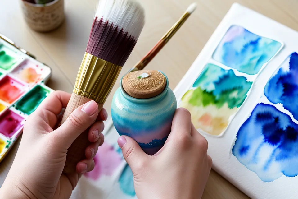 Aquarell-Anfängerin testet Pinsel und Aquarellpapier im Sonntagslicht für den Online-Kurs