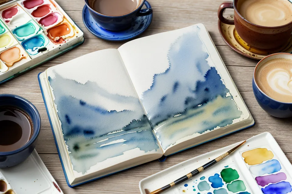 Aquarell-Skizzenbuch mit blauer Landschaft und Lesebrille – kreativ im Ruhestand mit Aquarellfarben