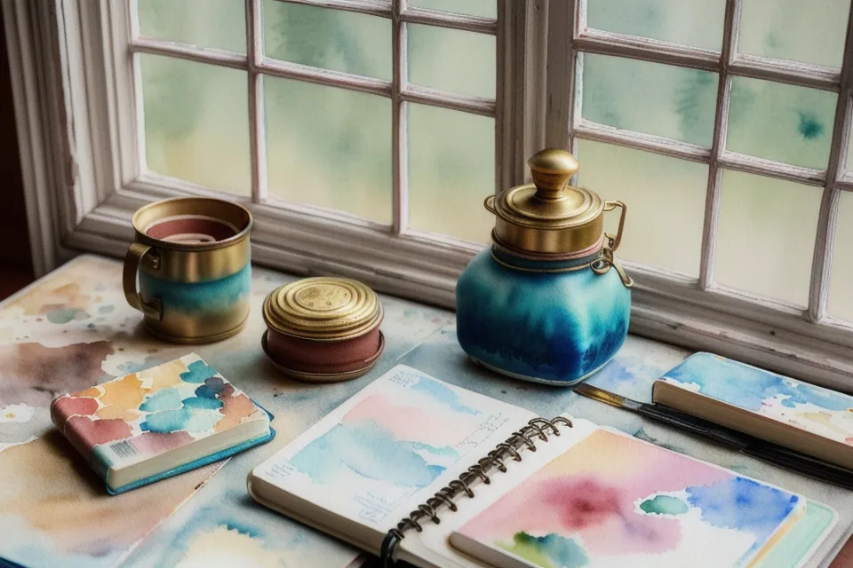 Ruhestand-Hobby unterwegs: Reiseskizzenbuch und kleiner Aquarellkasten auf dem Zugtisch