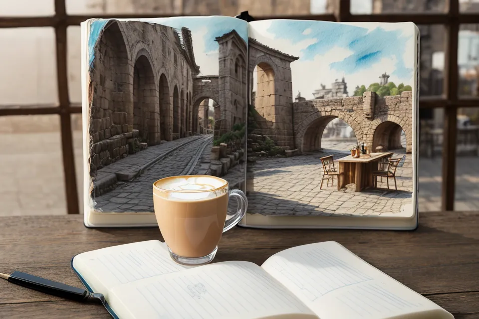 Offenes Skizzenbuch mit einer Aquarell-Stadtskizze neben einem Milchkaffee — Urban Sketching als Reiseskizze