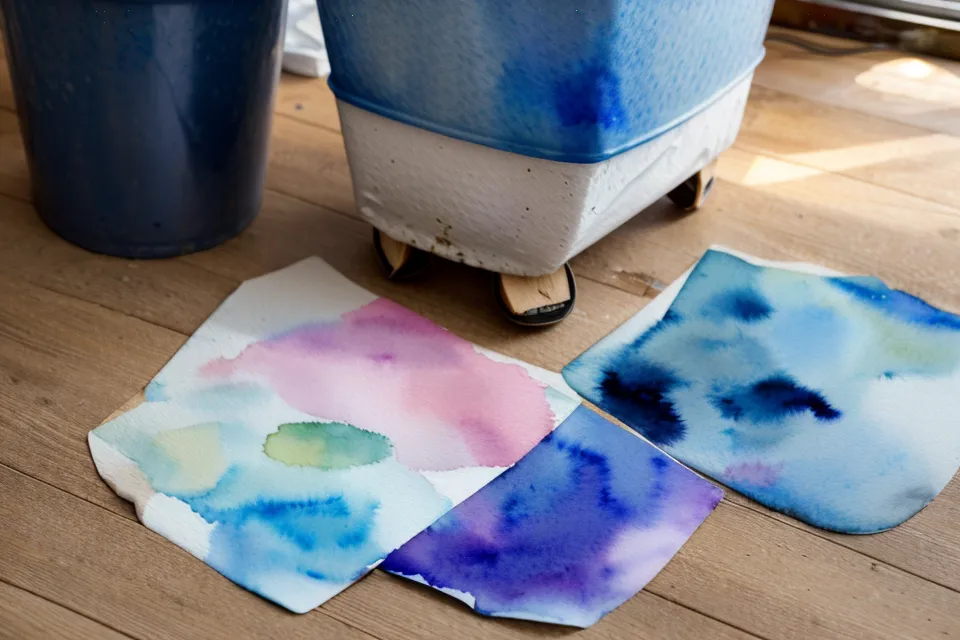 Ein misslungenes Aquarellbild beim Entsättigen mit zu viel Wasser auf 300g Papier liegt neben einem Papierkorb.