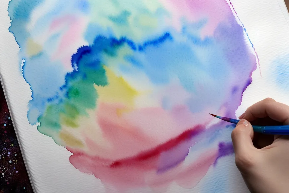 Detail einer Aquarelllasur mit mehreren getrockneten Farbschichten für räumliche Tiefe