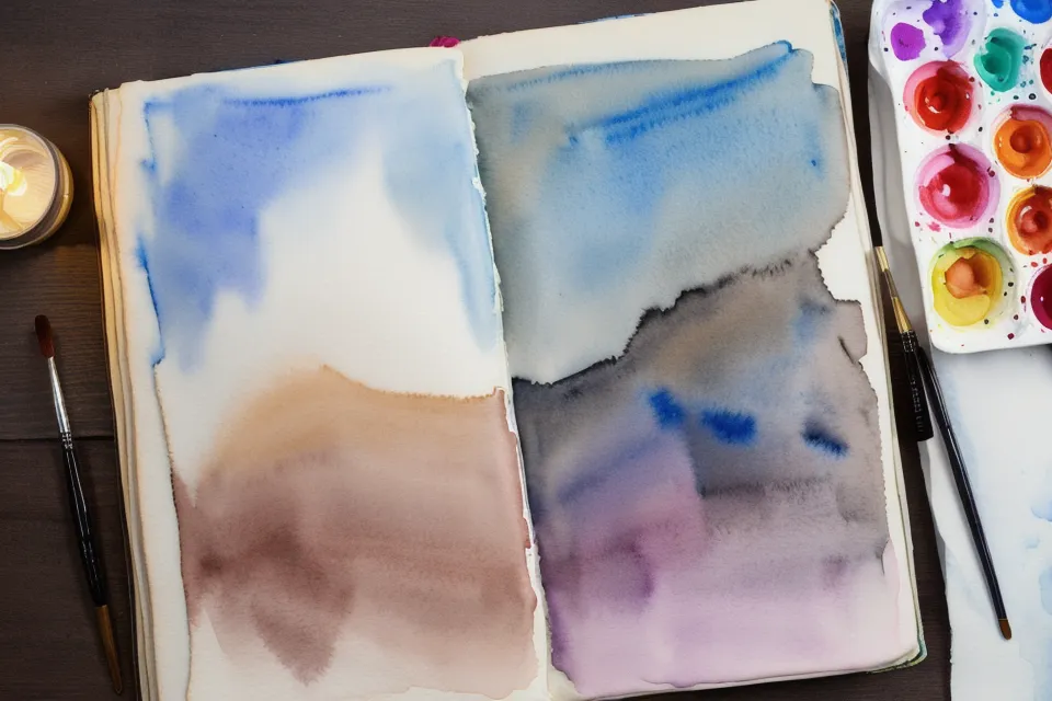 Aquarell-Skizzenbuch mit misslungenem Bild neben frischem Papier – Entspannung beim Malen auch aus Fehlern