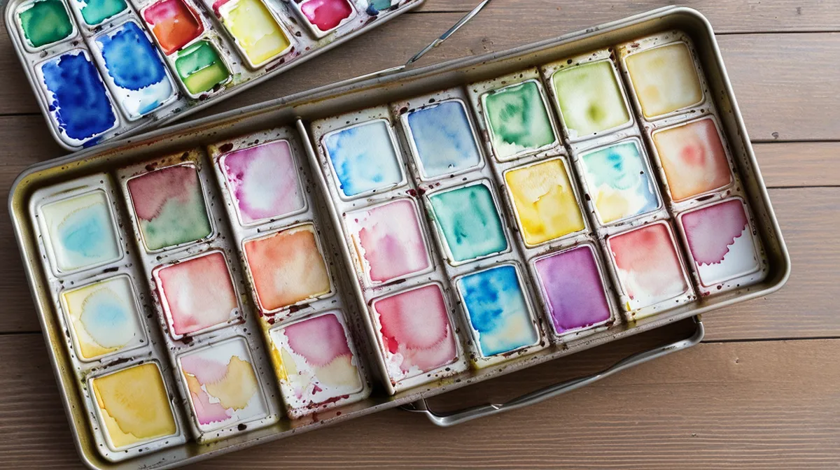 Eigene Aquarellfarben Palette zusammenstellen für Anfänger am Küchentisch: frisch gefüllte Farbnäpfchen in einem offenen Metallkasten im Fensterlicht