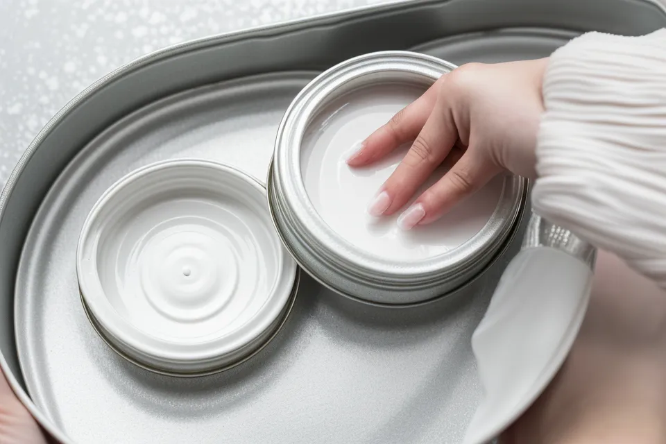 Aquarell-Anfängerin setzt ein leeres Farbnäpfchen für die eigene Farbpalette in die Schiene eines Metallkastens