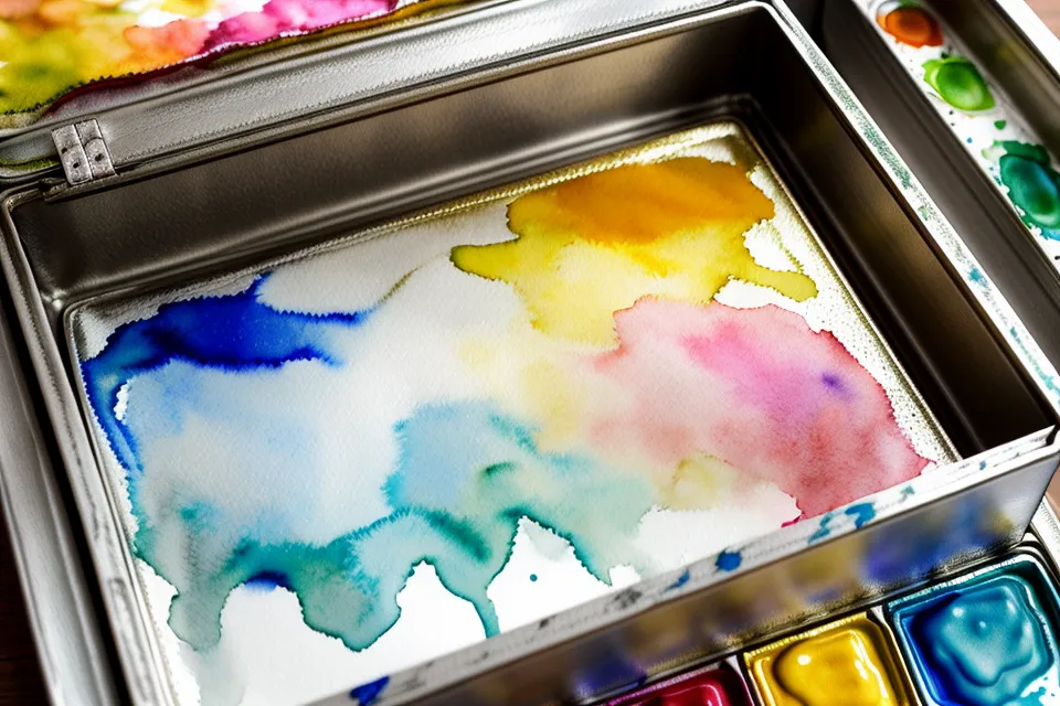 Aquarellkasten mit angemischten Farben auf dem Tisch – kreatives Hobby Ü50 am Sonntagmorgen