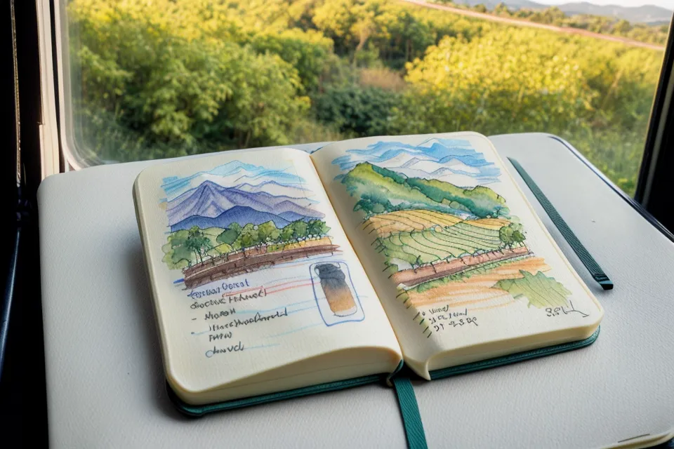 Skizzenbuch mit Aquarellskizze auf der Zugfahrt nach Heidelberg – Aquarell für Anfänger unterwegs