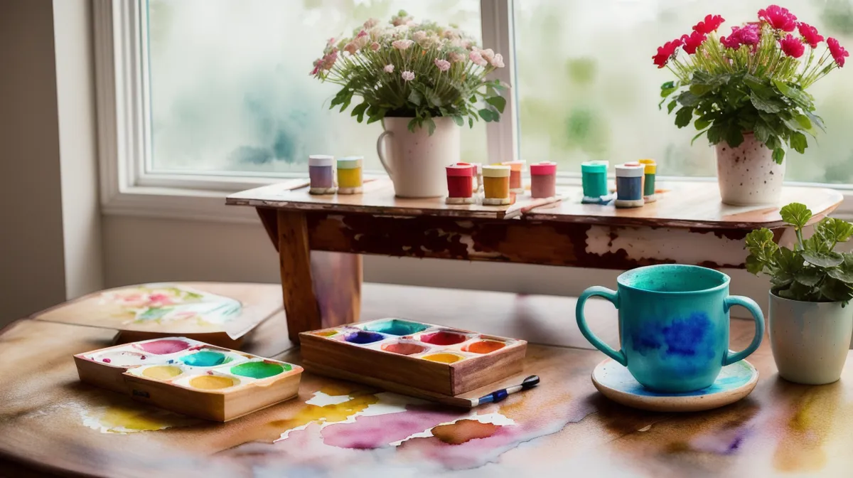 Aquarell Farbkreis selber malen: zwölf Segmente mit Primär- und Komplementärfarben auf dem Küchentisch
