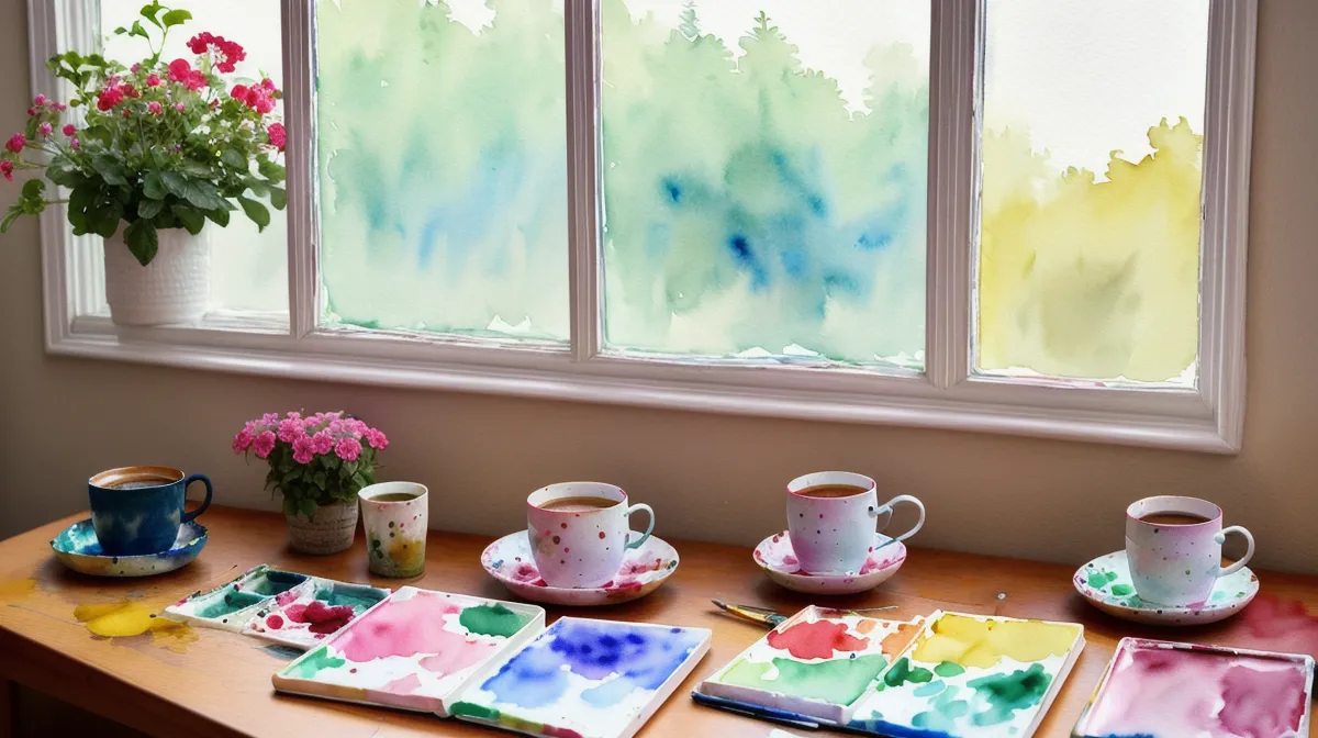 Aquarell-Anfängerin bei der entspannten Sonntagmorgen-Routine mit Wasserfarben und Pinsel am Tisch