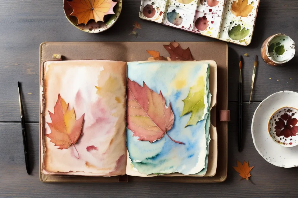 Skizzenbuch mit einfachem Aquarellbild eines Herbstblattes als Übung für den kreativen Ruhestand