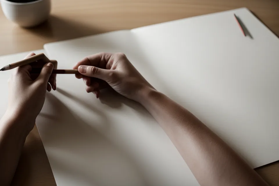 Nahaufnahme einer Hand, die mit Bleistift Fluchtlinien für die Perspektive im Skizzenbuch zeichnet, ein Aquarell-Anfänger Tipp für den Fluchtpunkt.