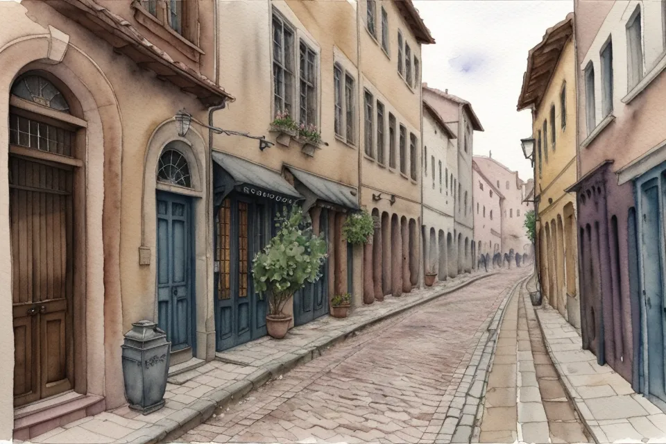 Skizzenbuchseite für Perspektive zeichnen: leicht unperfekte Aquarellskizze einer Gasse mit Fluchtpunkt.