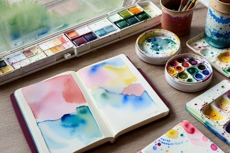 Kleines Aquarell-Reiseset für Wochenaquarell unterwegs auf dem Klapptisch im Zug