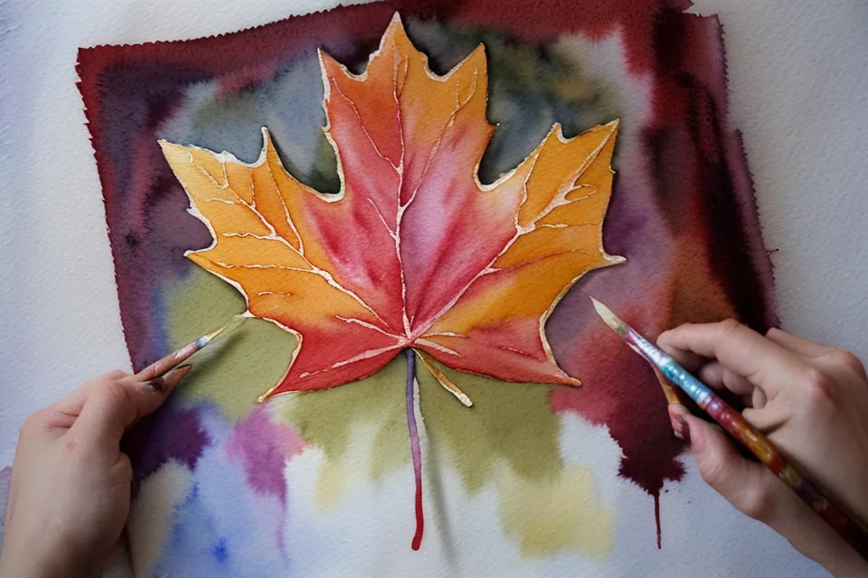 Gemaltes Aquarell-Ahornblatt mit leuchtenden Herbstfarben in Schicht-Technik, gemalt von einer Aquarell-Anfängerin