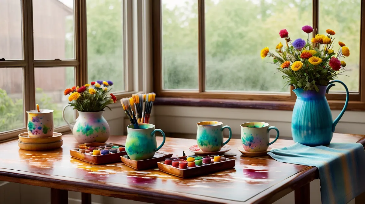 Aquarellkasten, Wasserglas und ein halbfertiges Blatt auf dem Küchentisch — kreative Beschäftigung für Rentner zu Hause