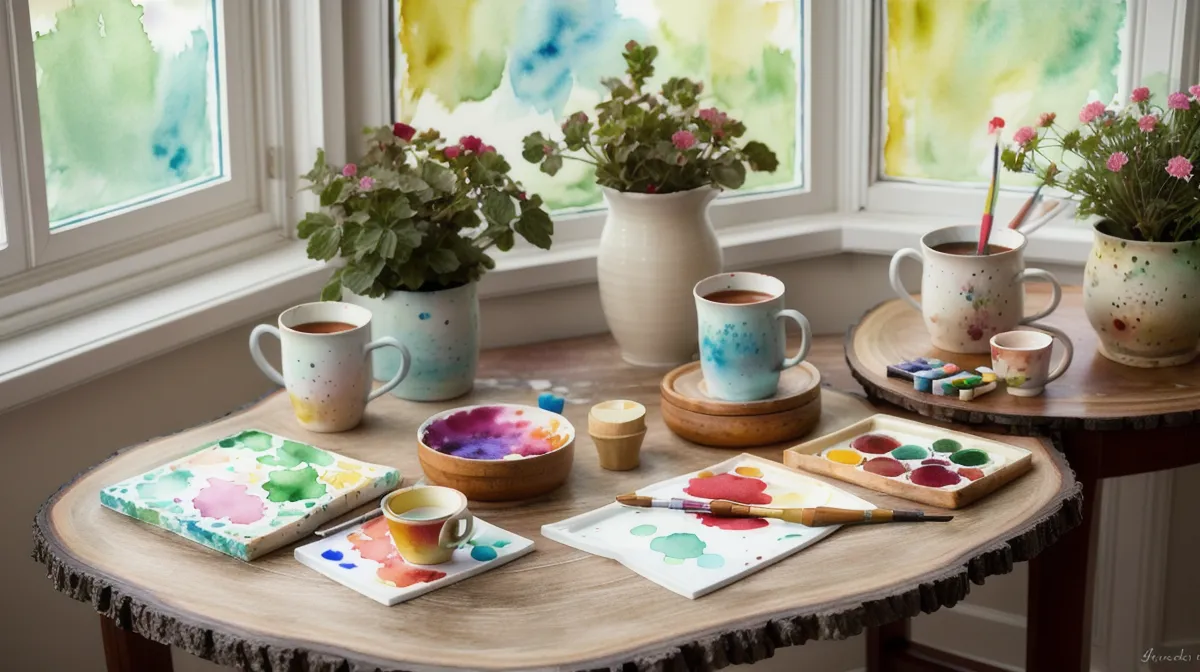 Aquarell-Anfänger übt Licht und Schatten am Küchentisch: Kaffeetasse wirft einen langen, dunklen Schatten auf helles Papier