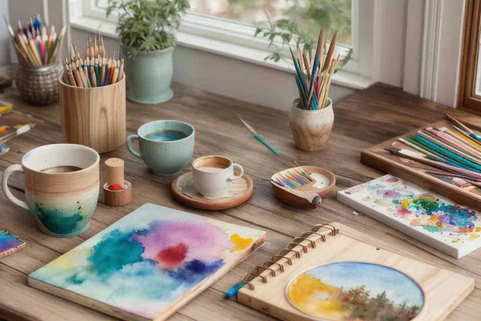Maltechnik-Grundlagen für Aquarell-Anfänger: Farbkasten mit 12 Farben und ein altes Marmeladenglas als Wasserbehälter