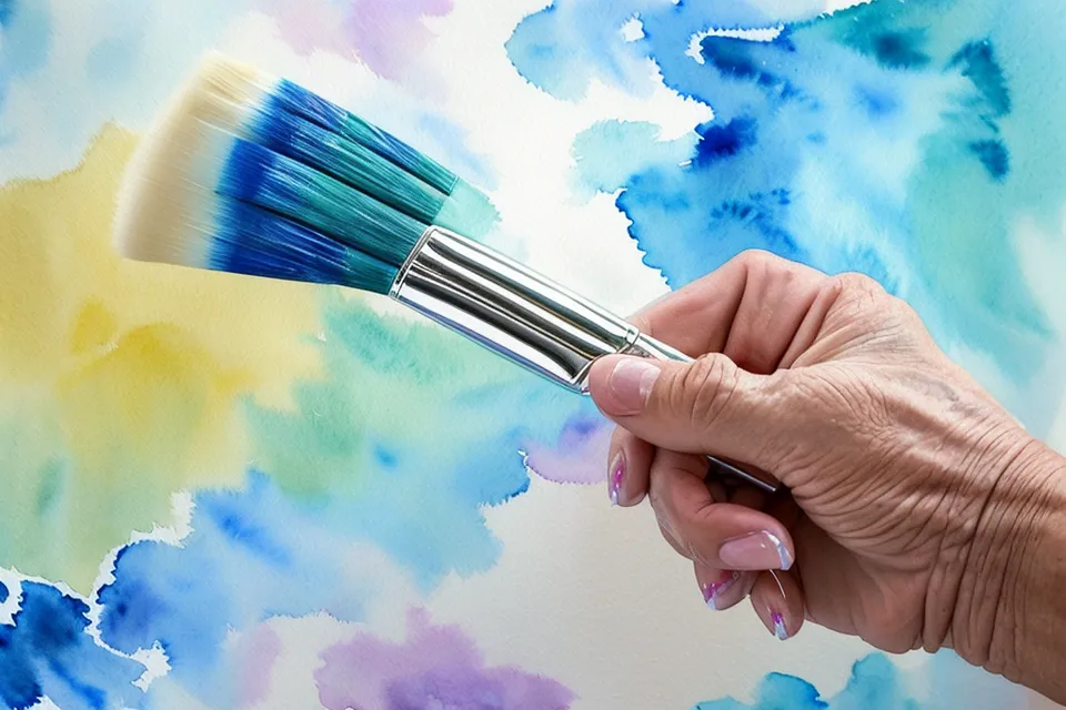 Hand einer Anfängerin malt mit Aquarellfarben auf geduldigem Studienpapier