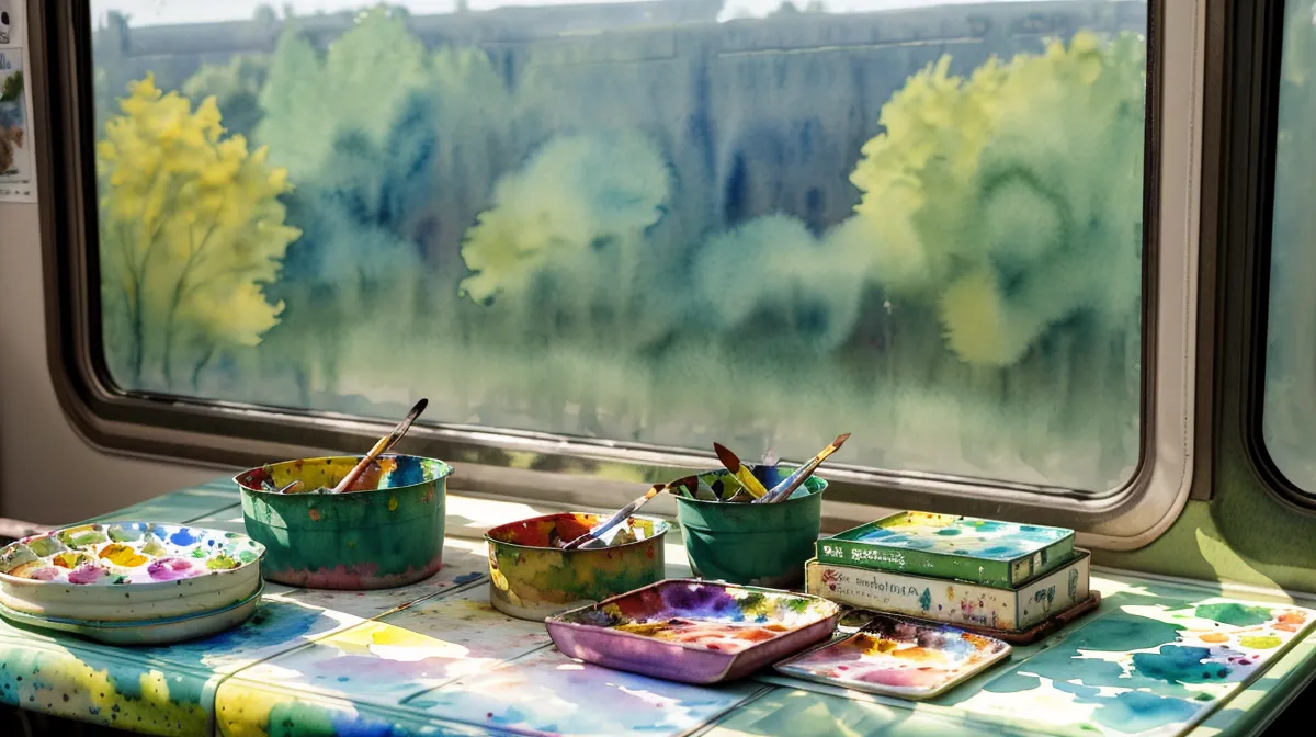 Aquarell-Reiseskizzen im ICE — Skizzenbuch auf dem Klapptisch auf der Zugfahrt nach Heidelberg