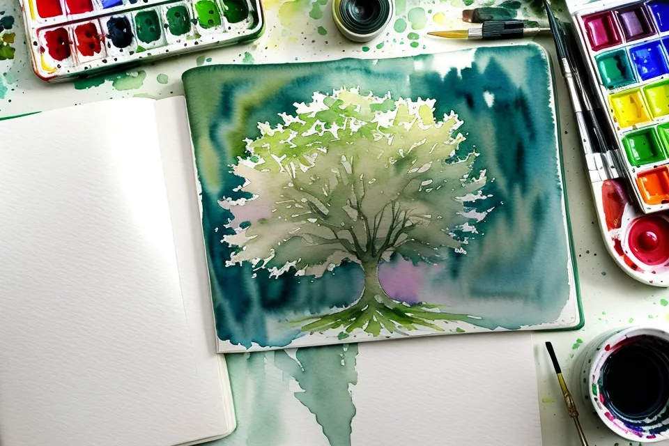 Skizzenhafter Baum mit grünem Aquarell-Klecks im Reise-Skizzenbuch nach einem Ruckeln des Zuges