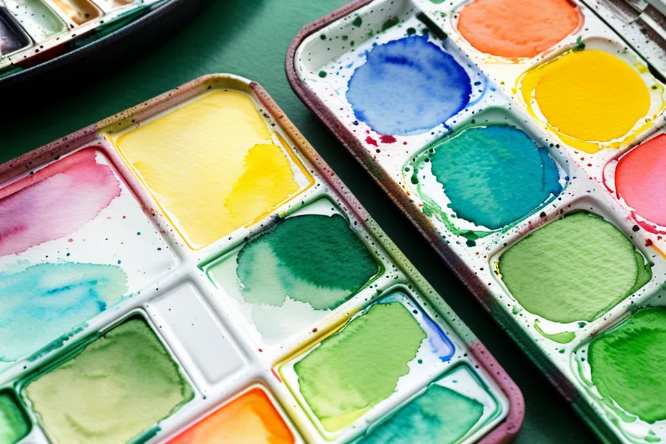 Aquarellpalette beim Mischen natürlicher Grüntöne aus Gelb und Blau — Farbenlehre für Anfänger