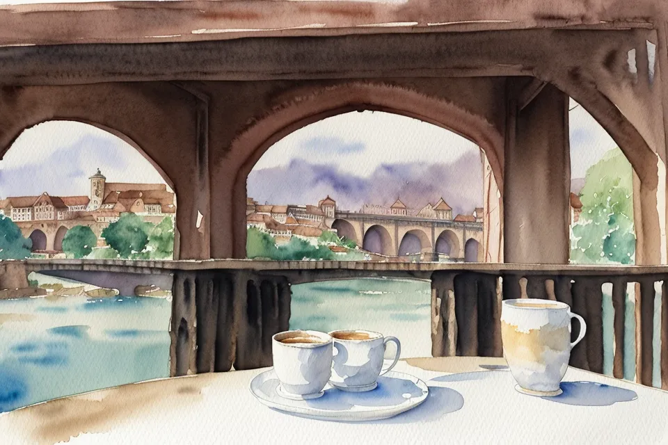Gelungene Aquarell-Reiseskizze der Alten Brücke in Heidelberg mit stimmiger Perspektive auf einem Cafétisch.