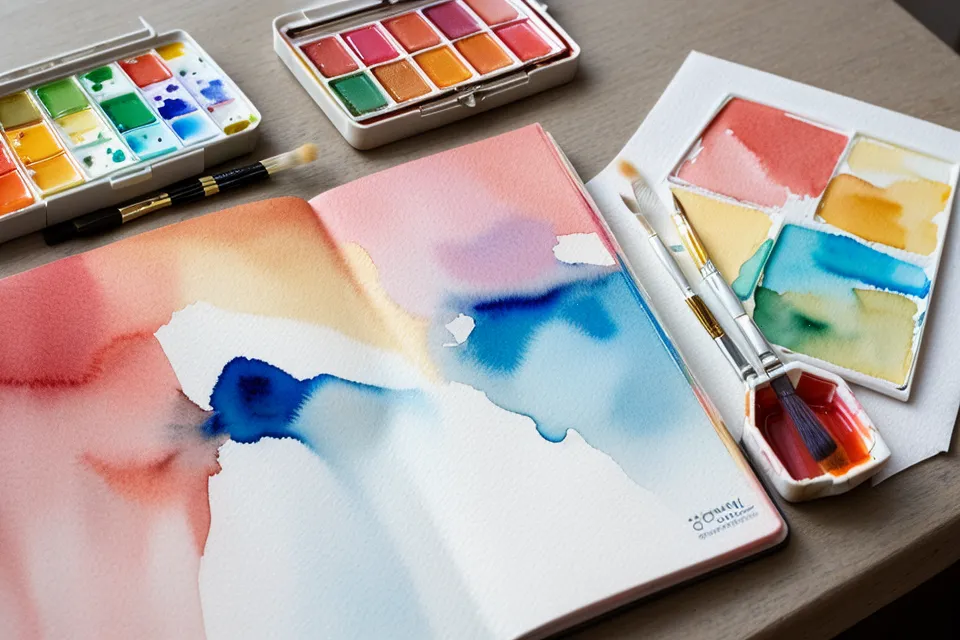 Reiseskizzen im ICE: Nahaufnahme eines Aquarell-Anfänger-Kastens auf dem Klapptisch auf dem Weg nach Heidelberg