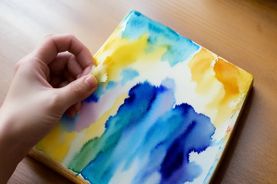 Aquarellfarbe verläuft nass über strukturiertes Aquarellpapier auf dem Küchentisch
