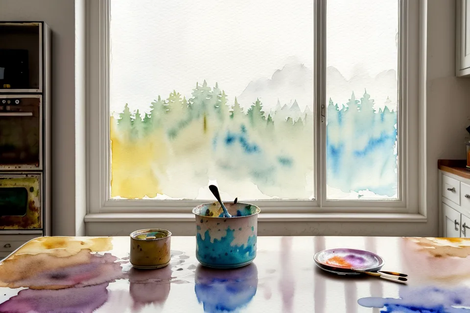 Ein unretuschiertes Anfänger-Aquarell mit verlaufenen Farben, getrocknet auf dem Küchentisch