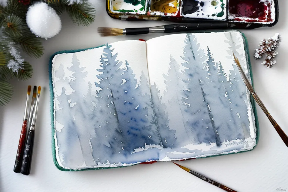 Fertiges Aquarellbild einer verschneiten Winterlandschaft mit sauberem Rand und weißen Schnee-Akzenten