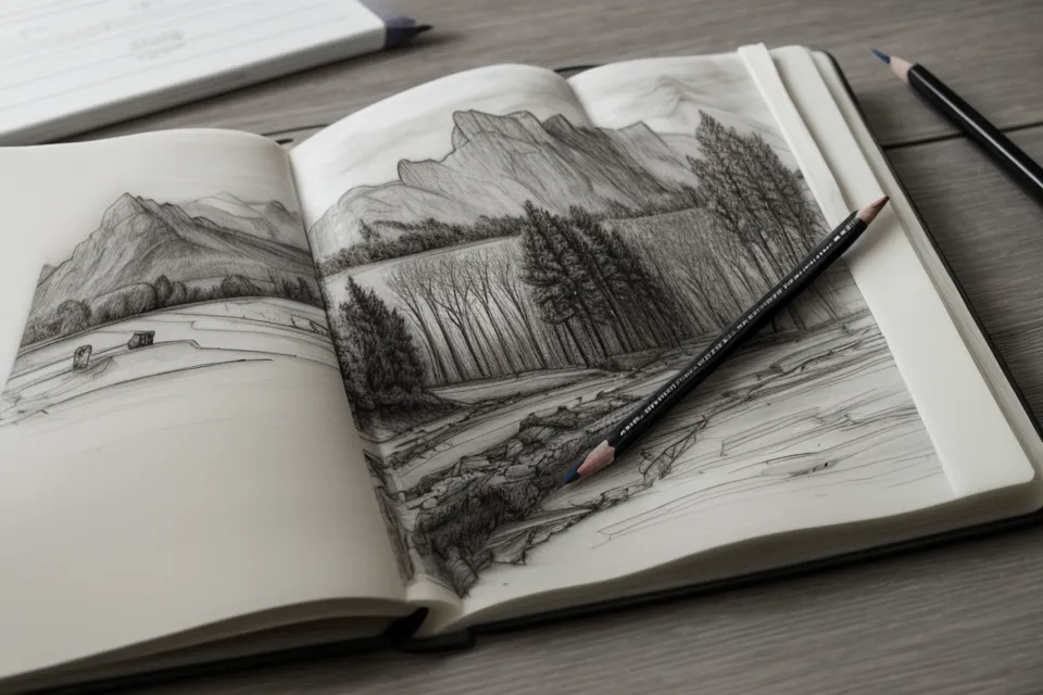 Offenes Skizzenbuch mit Bleistiftzeichnung unterwegs – Aquarell-Sonntagstagebuch auf Reisen