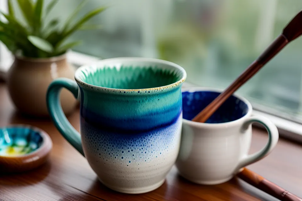 Hobbymalen mit über 50: Pinsel mischt Aquarellfarben neben der Kaffeetasse am Küchentisch