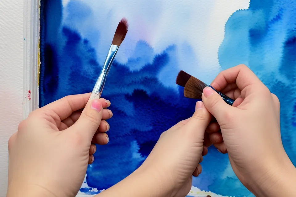 Aquarell-Anfängerin mit Arthrose führt Pinsel mit dickerem Griff entspannt über das Papier