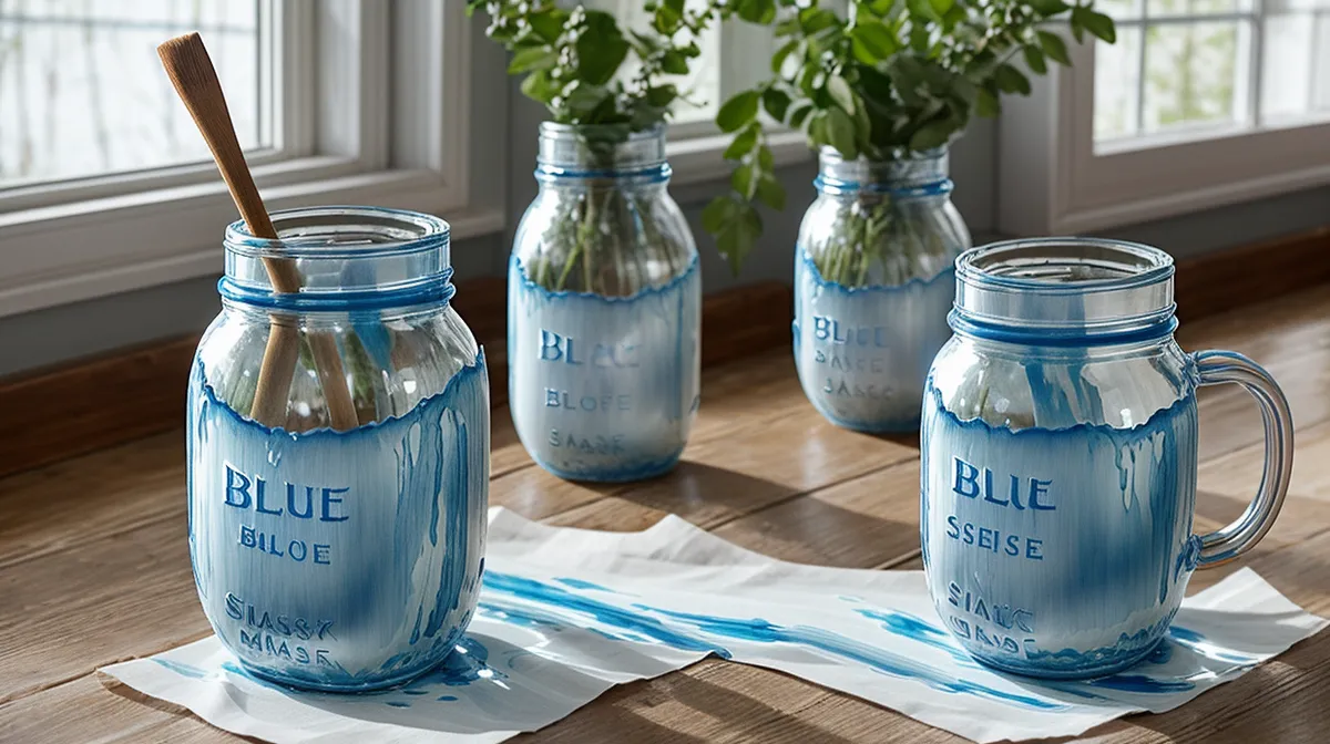 Maskierflüssigkeit auftragen als Aquarell-Anfängerin: Pinsel mit blauer Flüssigkeit auf weißem Aquarellpapier