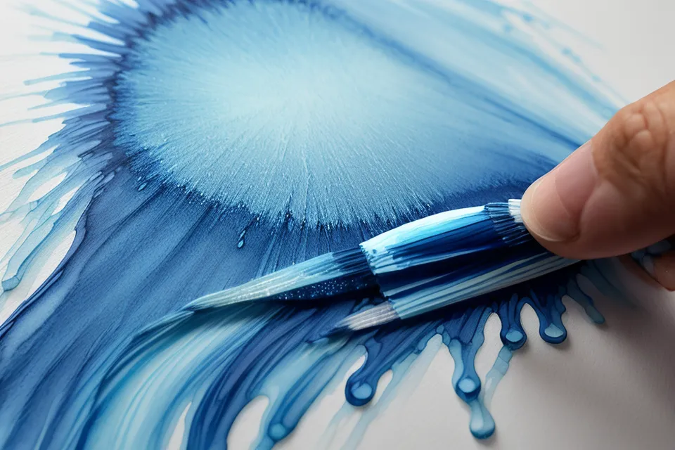 Maltechnik mit Maskierflüssigkeit: feiner Pinsel trägt blaue Flüssigkeit präzise auf Aquarellpapier auf