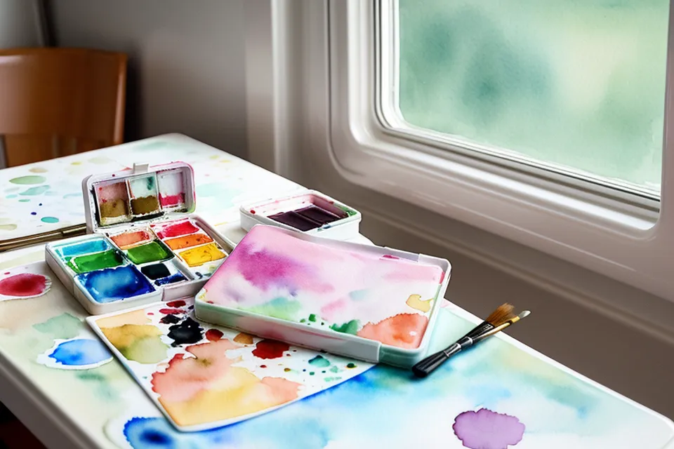 Kompaktes Reise-Aquarellset auf dem Klapptisch im ICE – praktische Skizzenbuch-Tipps für Reiseskizzen unterwegs
