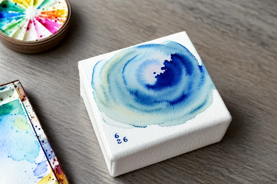 Nahaufnahme eines Aquarell-Postkartenblocks für Reiseskizzen auf einem ICE-Klapptisch