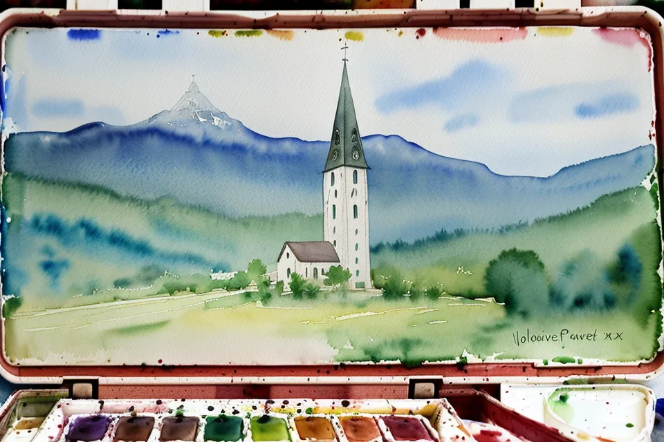 Reise-Aquarellkasten mit 12 Farben und einer Reiseskizze im Zug