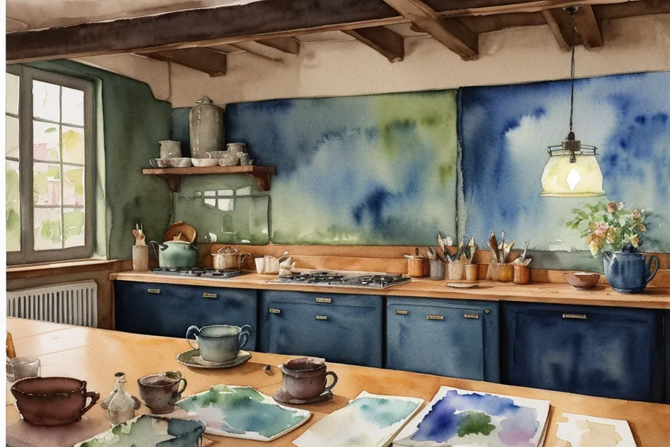 Fertige Aquarell-Reiseskizze mit einem blauen Farbfleck auf einem Küchentisch