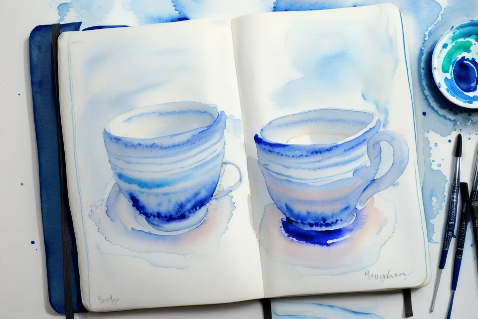 Aquarell-Anfängerin hält Wochentagebuch mit blauem Farbauftrag und Wasserflecken auf dem Tisch