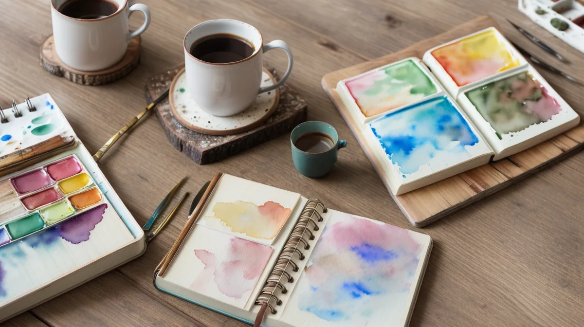 Zeichnen lernen und Aquarell für Anfänger im Ruhestand — Bleistift neben nassem Pinsel auf dem Küchentisch