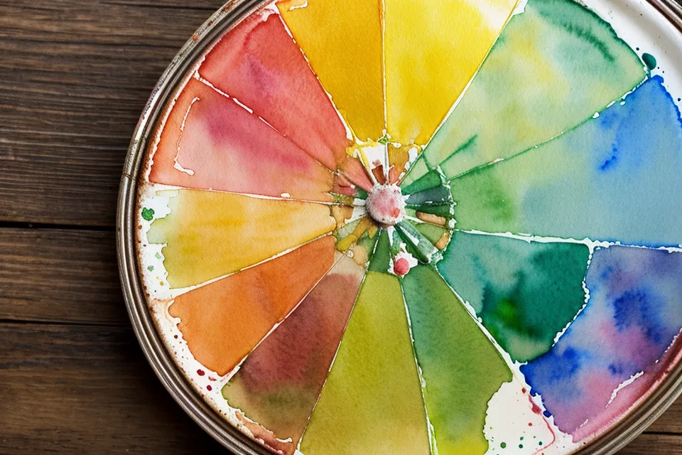 Aquarellkasten und Wasserglas mit Pinsel auf Holztisch – Beispiel für das richtige Wasser-Farbe-Verhältnis beim Aquarell für Anfänger