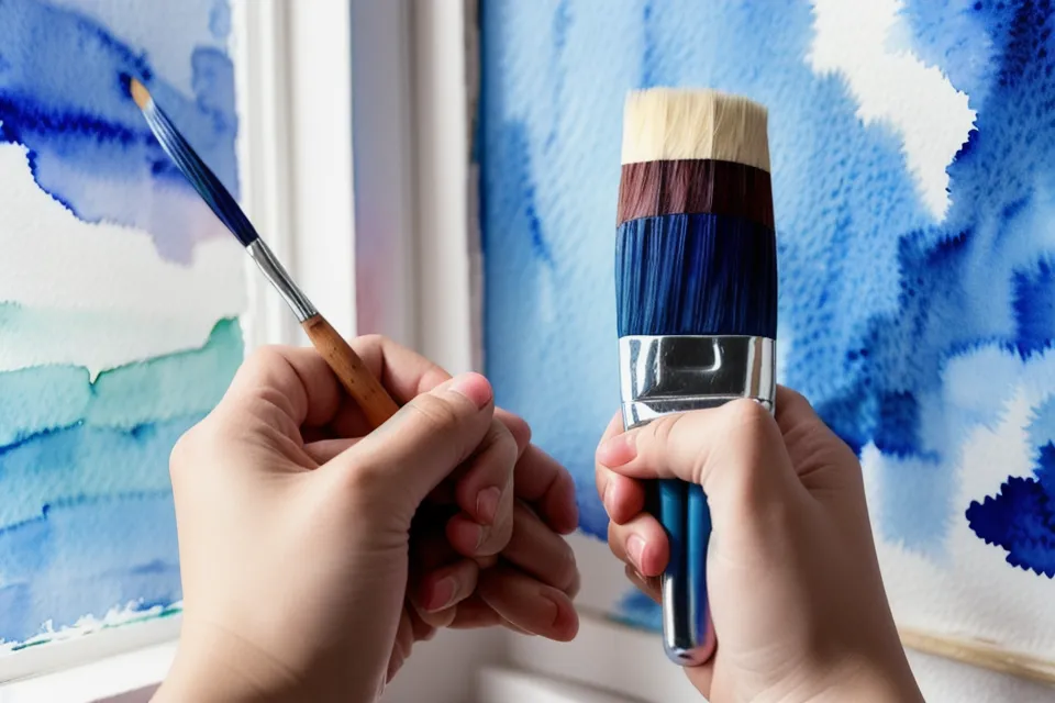 Nahaufnahme eines Pinsels beim Negativmalen auf strukturiertem Aquarellpapier zur Aussparung weißer Flächen