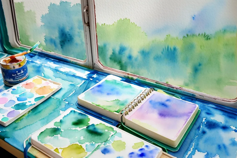 Kleines DIN-A5-Aquarell-Skizzenbuch auf dem Klapptisch im Zug — handliches Papierformat für unterwegs
