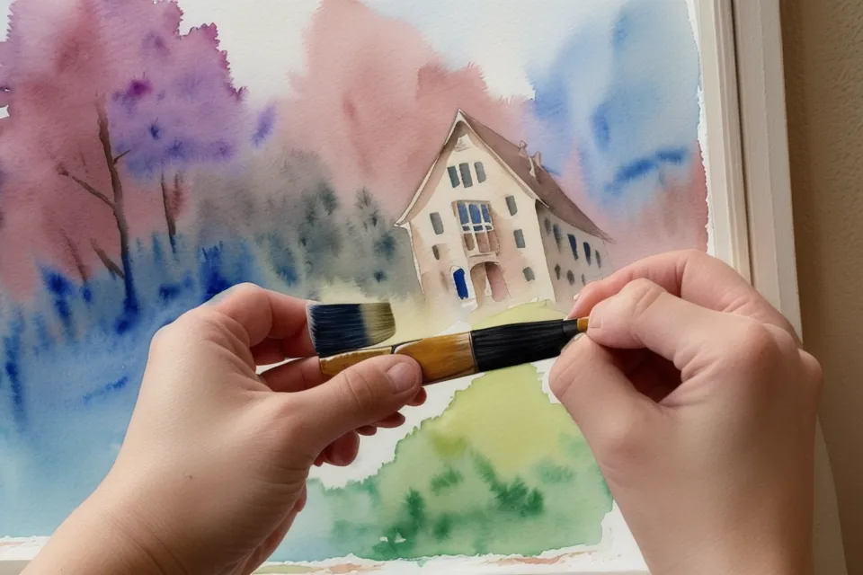 Detailaufnahme beim Malen der Zwischenräume eines Fachwerkhauses mit Aquarellfarbe auf strukturiertem Papier im Reiseskizzenbuch.