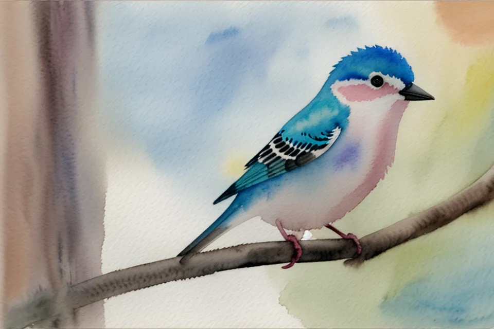 Aquarell-Anfängerin übt Vögel malen: Nahaufnahme einer kleinen Vogelstudie mit Pinsel auf Aquarellpapier