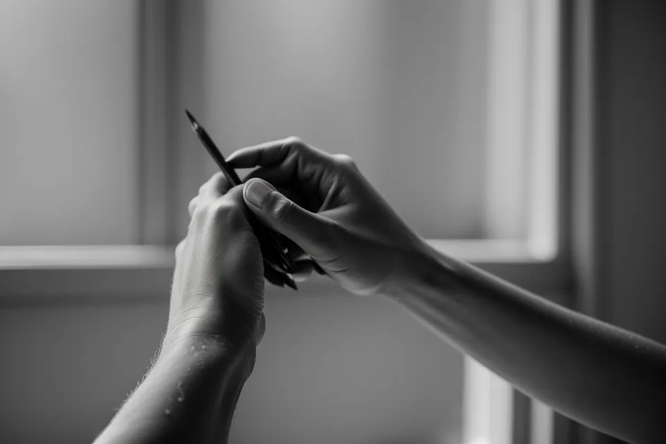 Zeichenübung für Anfänger: Hand zieht mit dem Bleistift erste leichte Linien auf Aquarellpapier